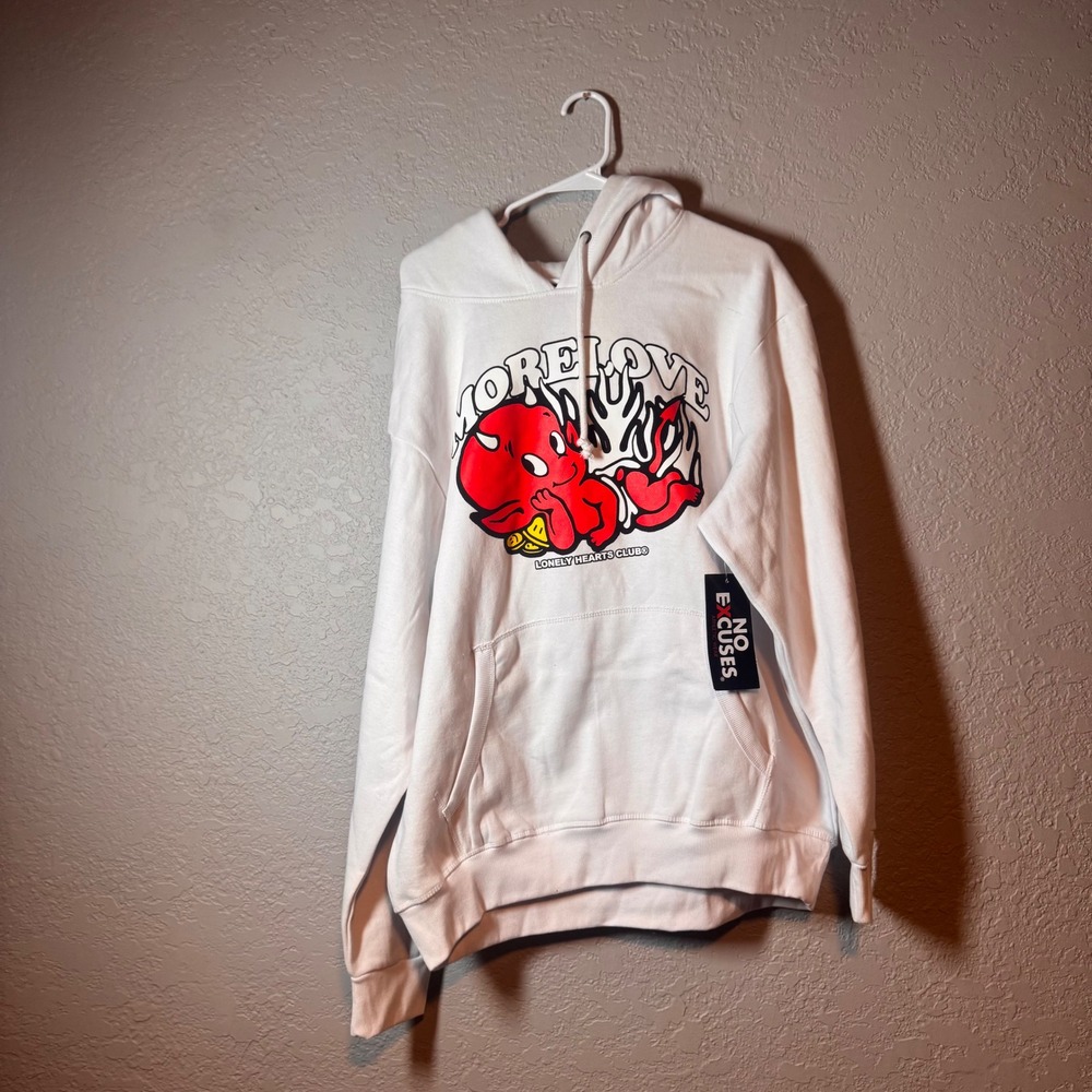 NO EXCUSES WHITE DEVIL MORE LOVE LONELY HEARTS CLUB HOODIE SWEATSHIRT 2XL